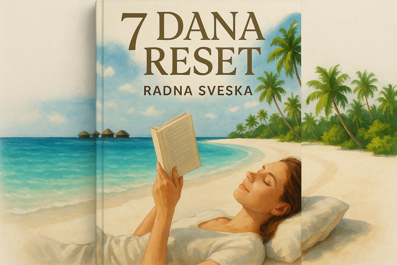 KORICA SVESKE BUDE I PISE PISE 7 DANA RESET I ISPOD PISE RADNA SVESKA ISPOD 7 DANA RESET , KORICA KNJIGE BUDE ONAKO ZENA KAKO LEZI I CITA I DA SE VIDI KNIGA , AA SA STRANE MALDIVI SE VIDE  